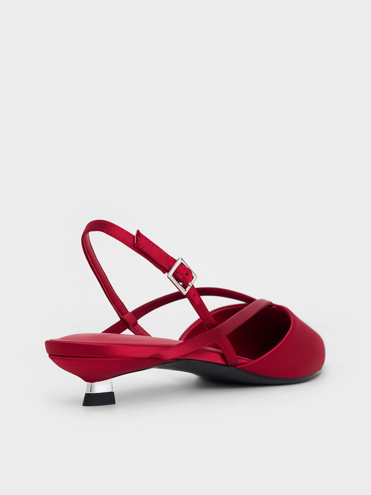 Satin V-Strap Pointed-Toe Slingback Kitten Heels, Red, hi-res