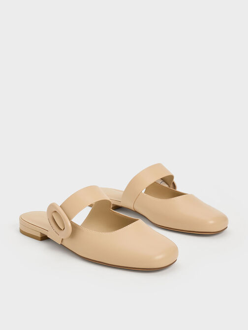 Oval-Buckle Flat Mules, สีเบจ, hi-res