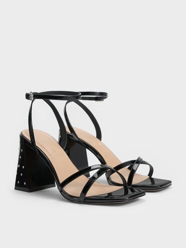 Emmaline Patent Leather Crystal Crossover Sandals, Black Patent, hi-res