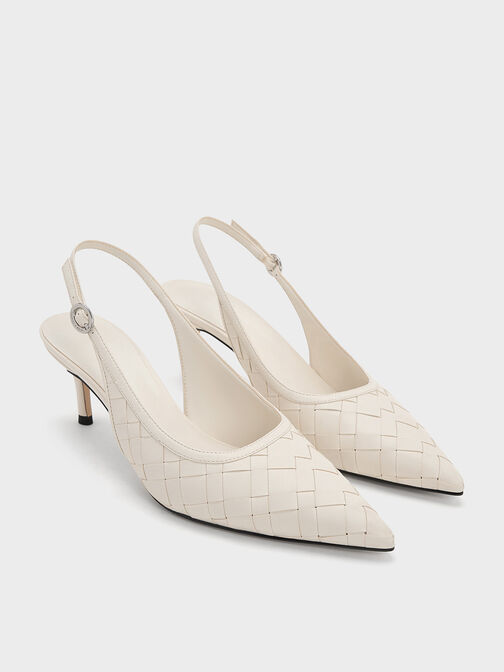 Woven Pointed-Toe Slingback Pumps, Chalk, hi-res