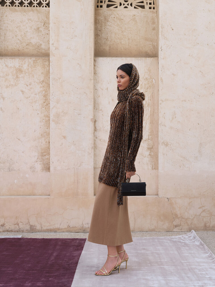 กระเป๋าสตางค์ดีเทลกลิตเตอร์พร้อมสายโซ่, สีดำอะไหล่สีเงิน, hi-res