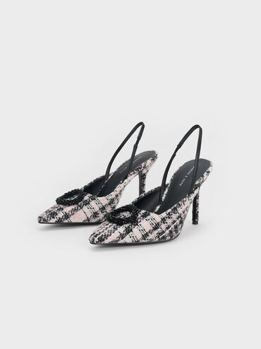 Tweed Beaded Circle Slingback Pumps, สีชมพู, hi-res