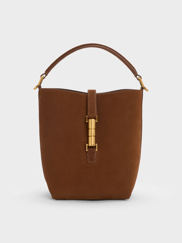Cesia Metallic-Accent Bucket Bag, Pecan Brown, hi-res