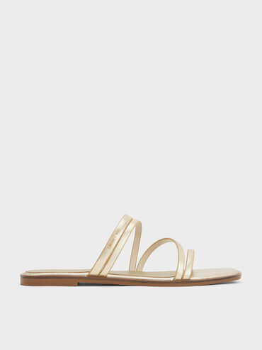 Metallic Strappy Slide Sandals, , hi-res