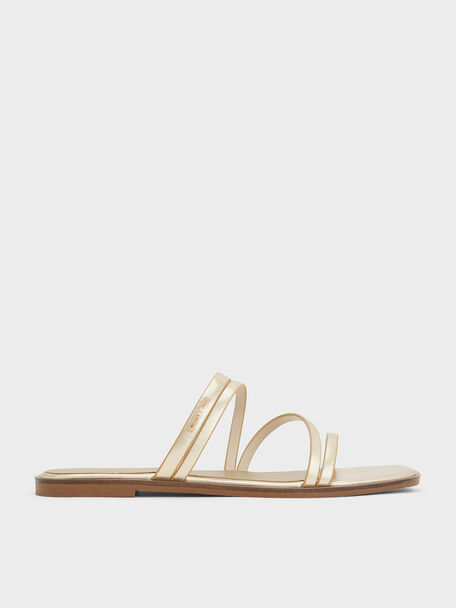 Metallic Strappy Slide Sandals, สีทอง, hi-res