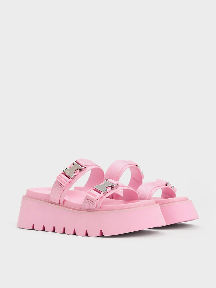 Laine Metallic-Buckle Flatform Sandals, Light Pink, hi-res