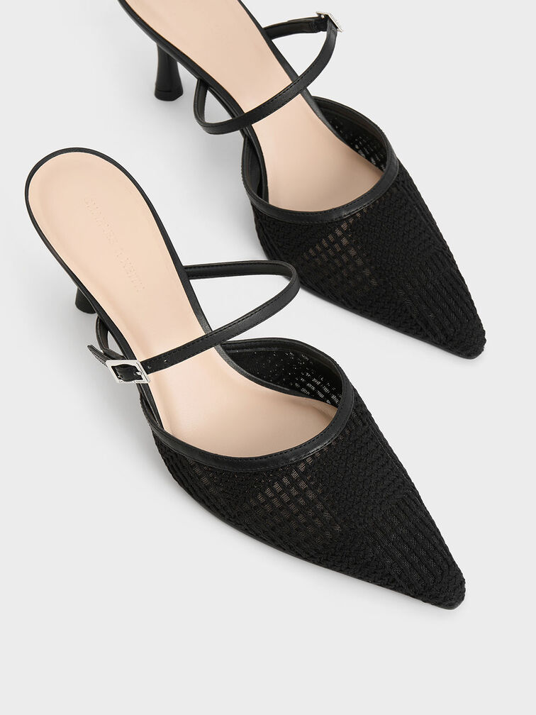 Mesh Woven Heeled Mules, Black Textured, hi-res