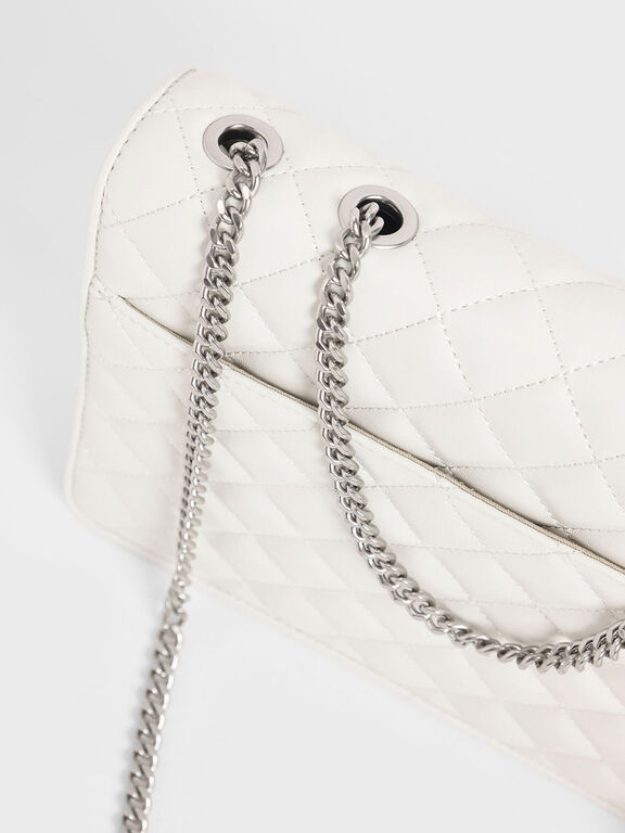 White Quilted Chain Strap Shoulder Bag CHARLES & KEITH TH