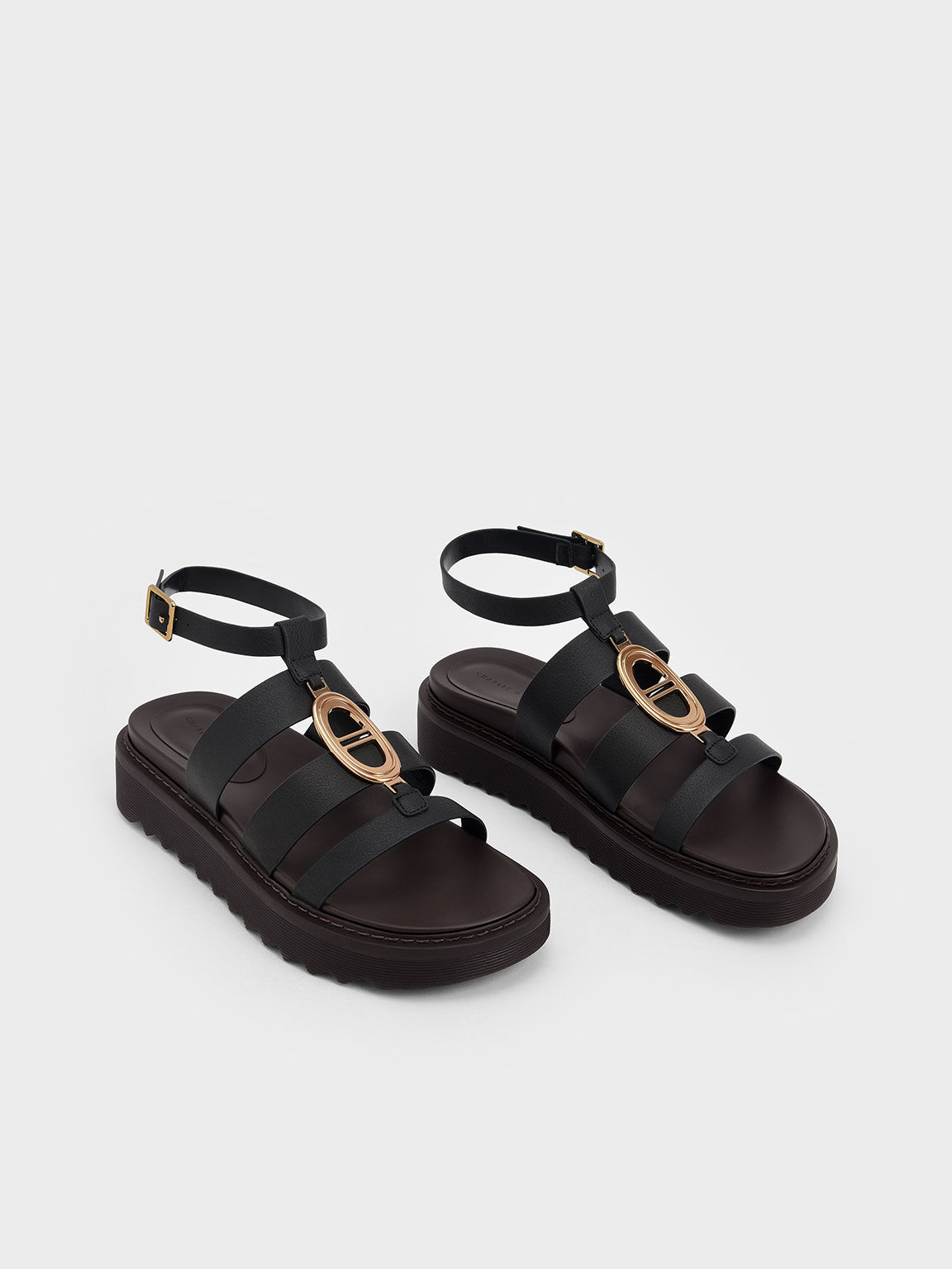 Metallic Accent Flatform Gladiator Sandals, Black, hi-res