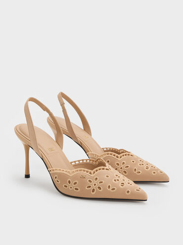 Leather Embroidered Pointed Slingback Pumps, Beige, hi-res