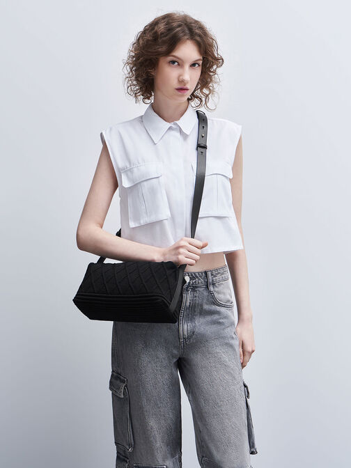 Willa Knitted Shoulder Bag, สีดำ, hi-res