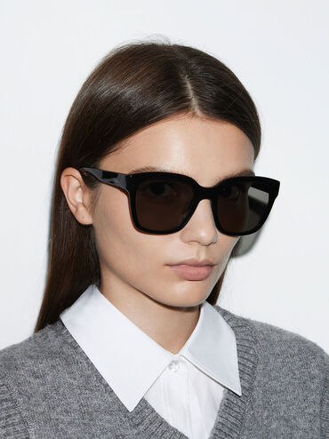 Recycled Acetate Square Sunglasses, Black, hi-res