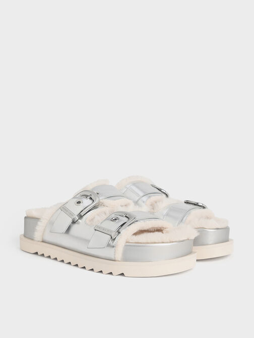 Hannah Metallic Furry Buckled Double-Strap Sandals, Silver, hi-res