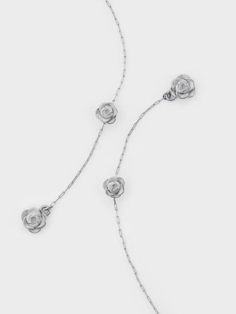Rosalind Flower-Motif Asymmetric Drop Earrings, Brushed Silver, hi-res