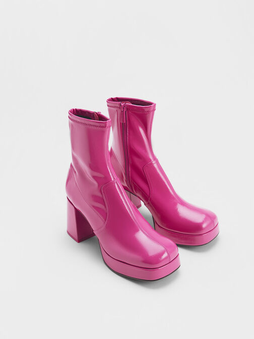 Patent Crinkle-Effect Block-Heel Boots, สีฟูเชีย, hi-res