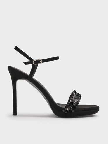 Sequinned Ankle-Strap Stiletto Sandals, Black Textured, hi-res