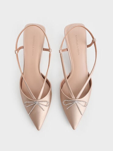 Crystal-Bow Kitten-Heel Slingback Pumps, Nude, hi-res