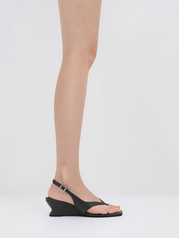 Slingback Thong Wedges, Black, hi-res