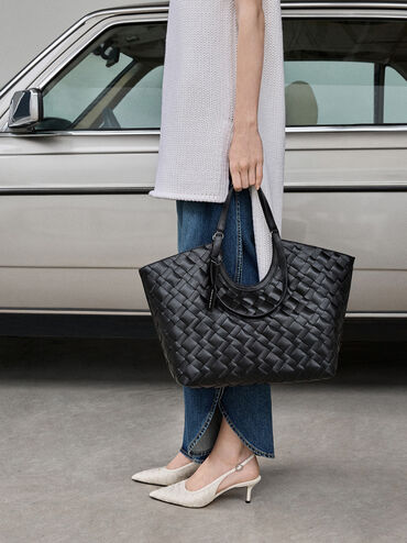 Ivette Woven Tote Bag, Noir, hi-res