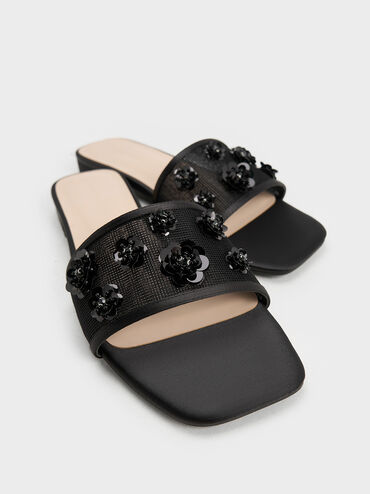 Mesh & Satin Sequin-Flower Slide Sandals, Black Textured, hi-res