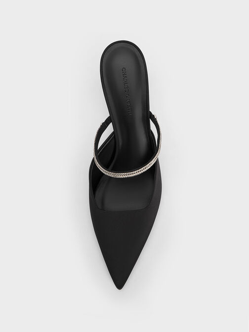 Satin Braided-Strap Pointed-Toe Mules, Black Textured, hi-res