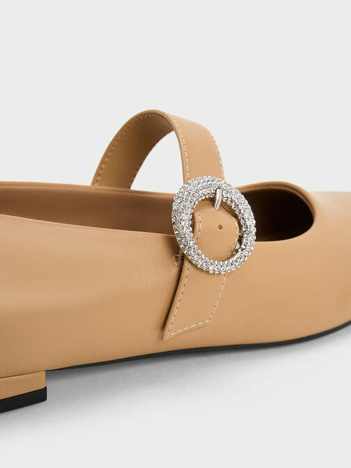 Crystal-Embellished Buckle Mary Jane Flats, สีคาเมล, hi-res