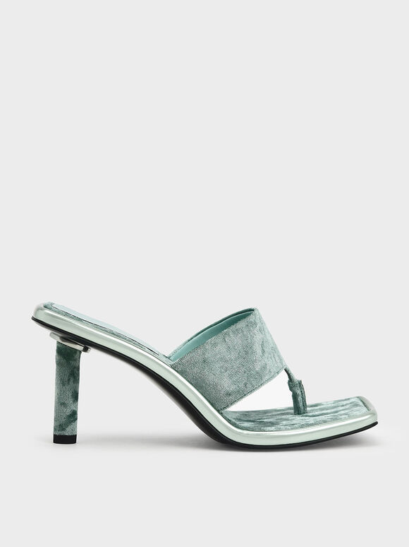 Holiday 2021 Collection: Etta Velvet Heeled Thong Sandals, Sage Green, hi-res