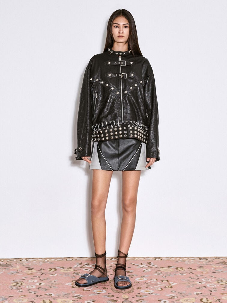 Faux Suede Stitch-Trim Buckled Slides, Blue, hi-res