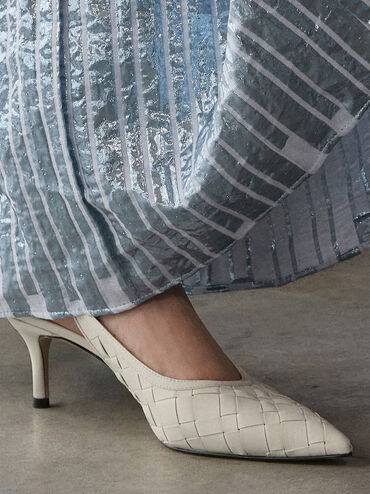 Woven Pointed-Toe Slingback Pumps, Chalk, hi-res