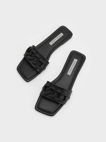 Chunky Chain-Link Slide Sandals, สีดำ, hi-res