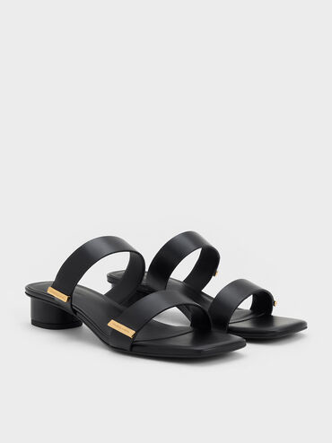 Metallic-Accent Double-Strap Heeled Sandals, Black, hi-res