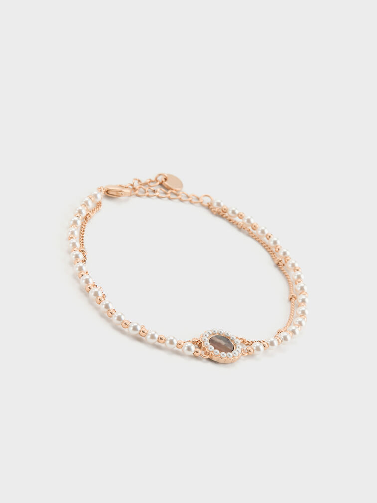 Pearl & Gemstone Double-Chain Bracelet, Grey, hi-res