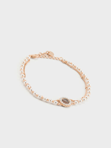 Pearl & Gemstone Double-Chain Bracelet, Grey, hi-res