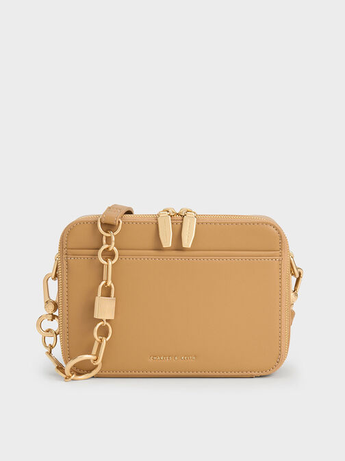 Lock & Key Chain Handle Bag, สีคาเมล, hi-res