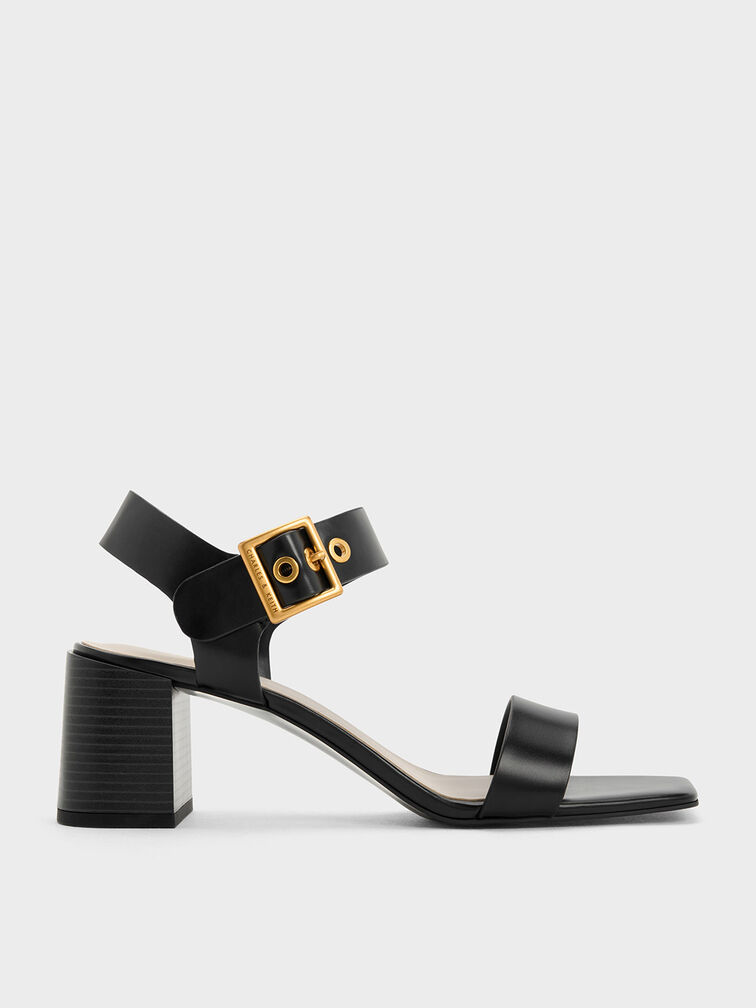 Square-Buckle Block Heel Sandals, Black, hi-res