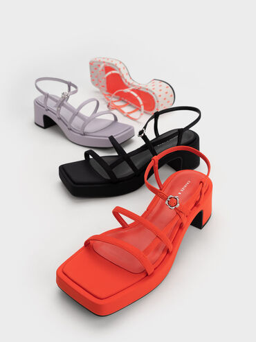 Flower-Buckle Strappy Sandals, สีดำ, hi-res