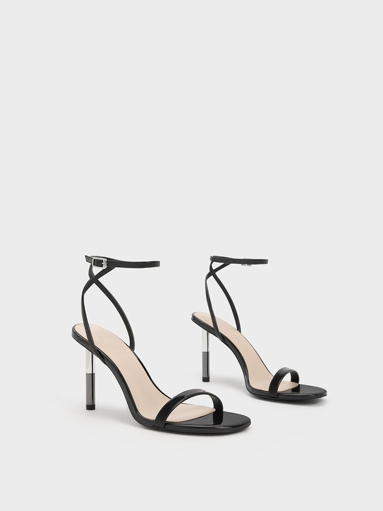 Cylindrical Metallic Heel Patent Sandals, , hi-res