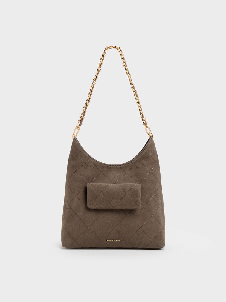 Duo Quilted Front-Pocket Chain Hobo Bag, Stone Grey, hi-res