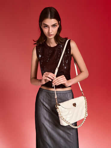 กระเป๋าสะพายไหล่ลายเส้นดีไซน์ที่ปิดด้านหน้ารุ่น Fawn, สีครีม, hi-res