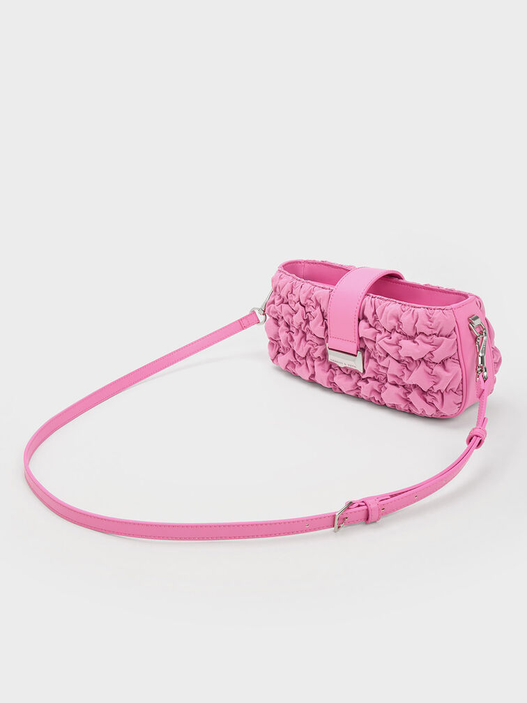 Ruched Nylon Chain Handle Bag, สีชมพู, hi-res