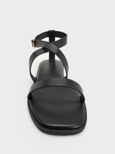 Crossover-Strap Square-Toe Sandals, Black, hi-res