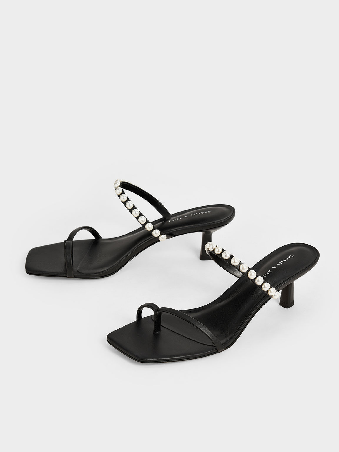 Pearl-Embellished Heeled Thong Sandals, Black, hi-res