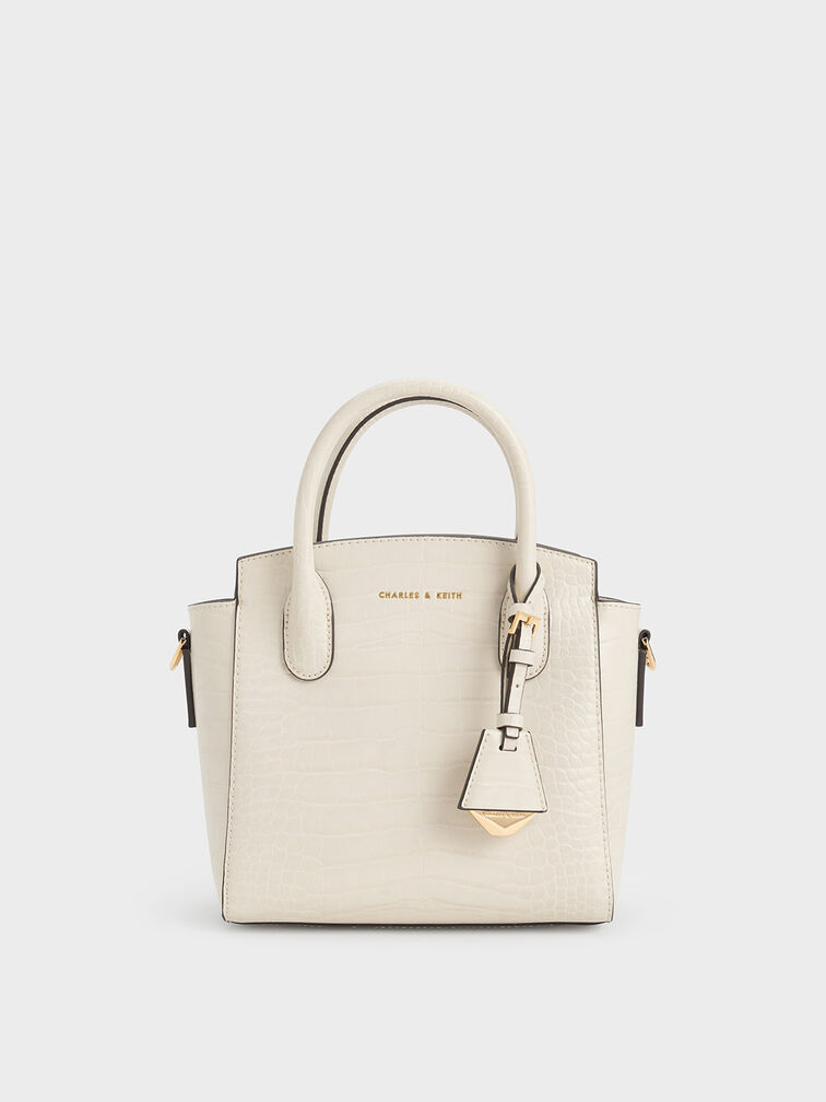 Ivory Croc-Effect Trapeze Tote Bag - CHARLES & KEITH TH
