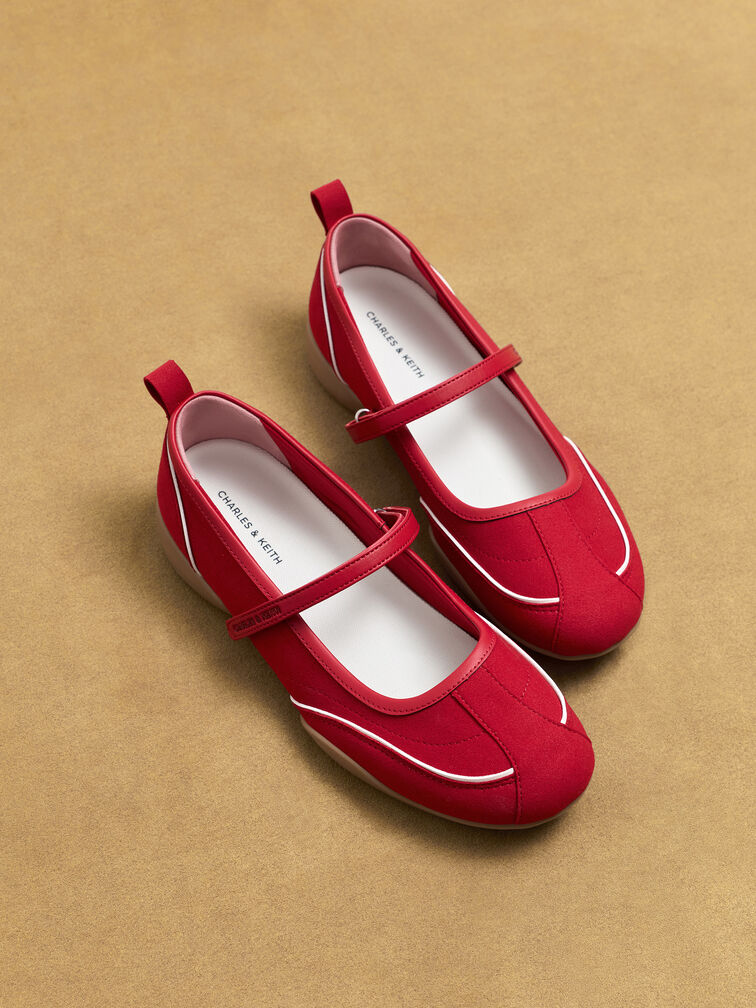 รองเท้าผ้าใบทรงแมรี่เจนดีไซน์ขอบตัดสีรุ่น Louise, สีแดง, hi-res