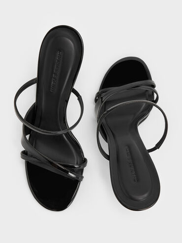 Wynn Patent Crossover Sculptural-Heel Strappy Mules, Black Patent, hi-res