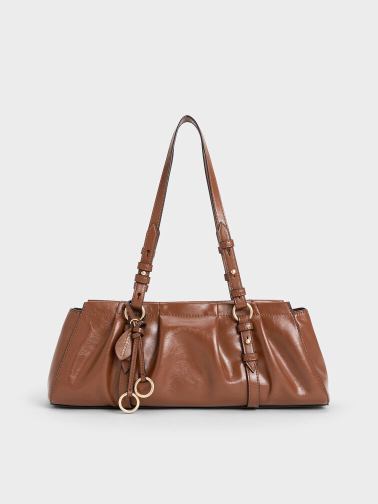 Britton Ruched Elongated Shoulder Bag, Chocolate, hi-res