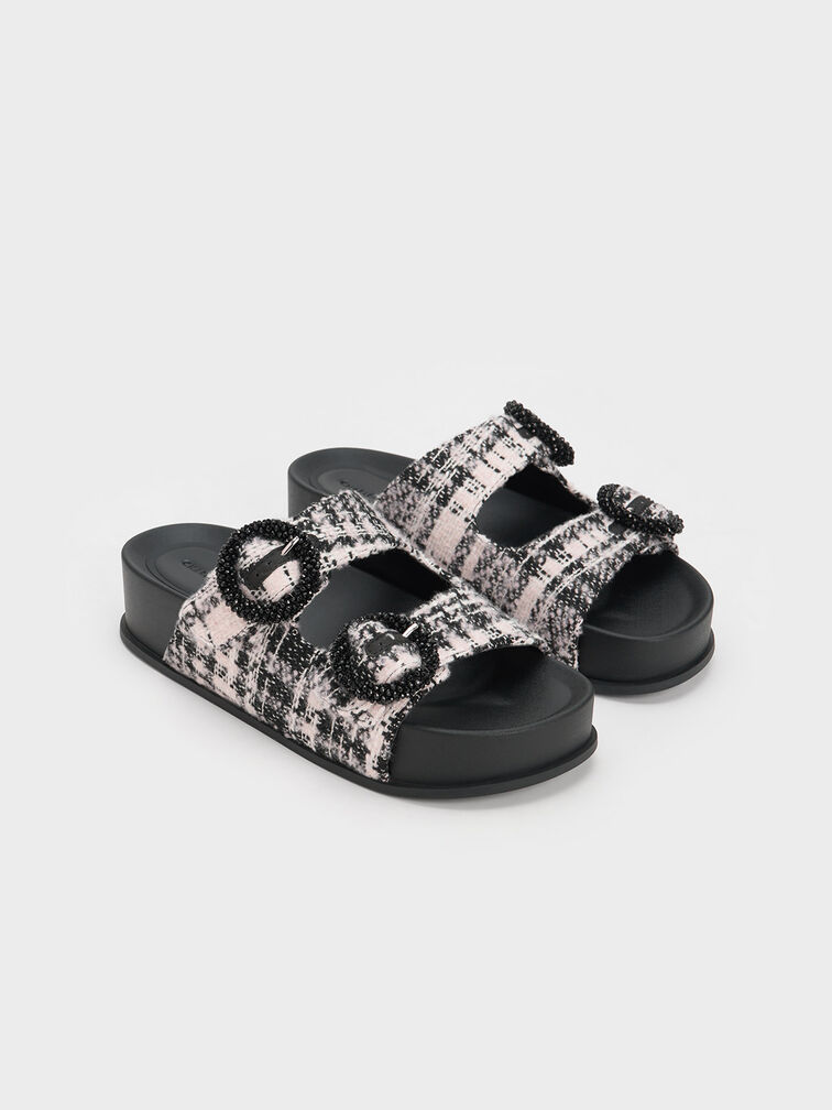 Tweed Beaded Circle Slide Sandals, , hi-res