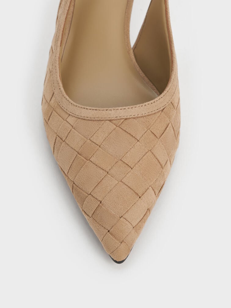 Ivette Faux Suede Woven Pointed-Toe Slingback Pumps, Sand, hi-res