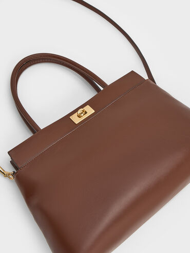 กระเป๋าสะพายข้างทรง Satchel ดีไซน์หูจับด้านบนรุ่น Lennie, สีดาร์คบราวน์, hi-res