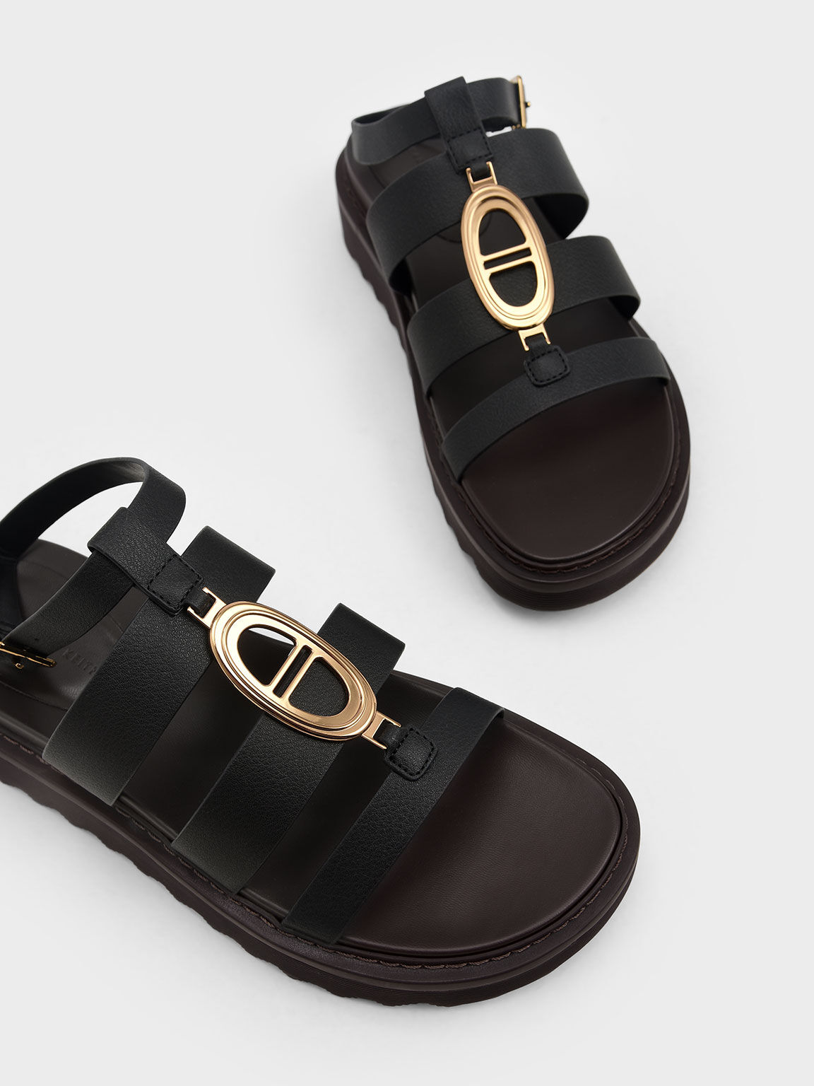 Metallic Accent Flatform Gladiator Sandals, Black, hi-res